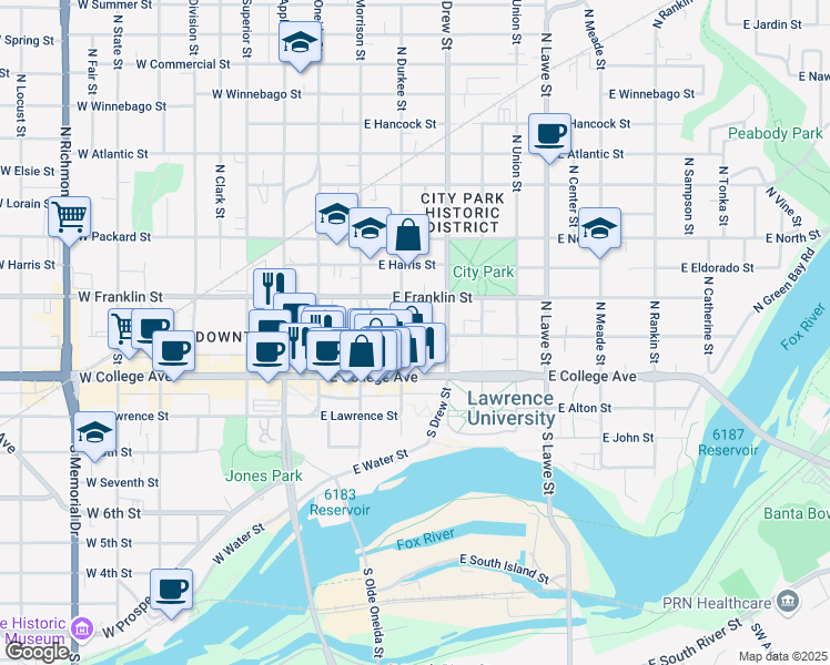 map of restaurants, bars, coffee shops, grocery stores, and more near 200 N Durkee St in Appleton