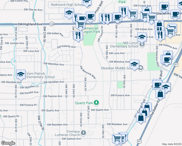 map of restaurants, bars, coffee shops, grocery stores, and more near 1316 Southwest Rimrock Way in Redmond