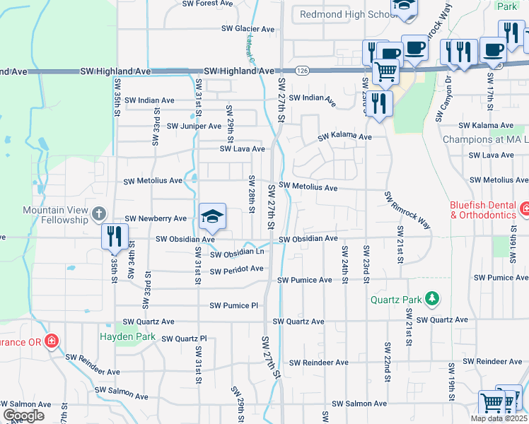 map of restaurants, bars, coffee shops, grocery stores, and more near 1405 Southwest 27th Street in Redmond