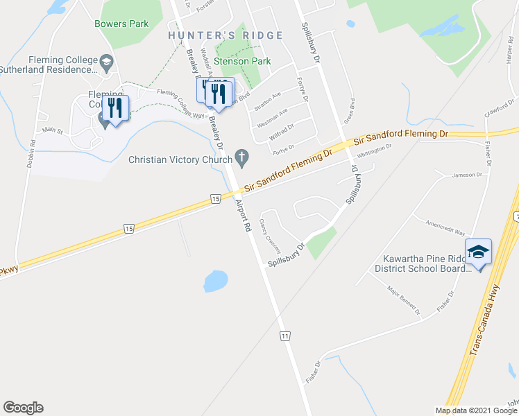 map of restaurants, bars, coffee shops, grocery stores, and more near 590 Clancy Crescent in Peterborough