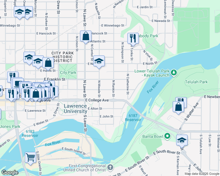 map of restaurants, bars, coffee shops, grocery stores, and more near 211 North Rankin Street in Appleton