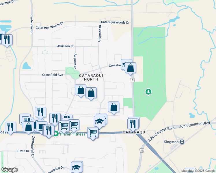 map of restaurants, bars, coffee shops, grocery stores, and more near 1228 Andersen Drive in Kingston