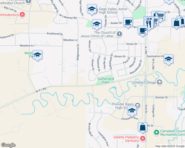 map of restaurants, bars, coffee shops, grocery stores, and more near 3400 Kinner Drive in Gillette