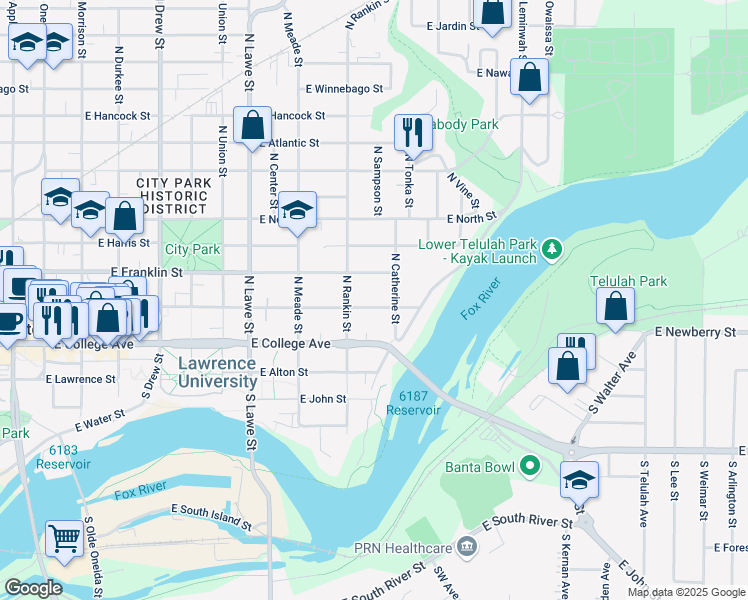 map of restaurants, bars, coffee shops, grocery stores, and more near 926 East Washington Street in Appleton