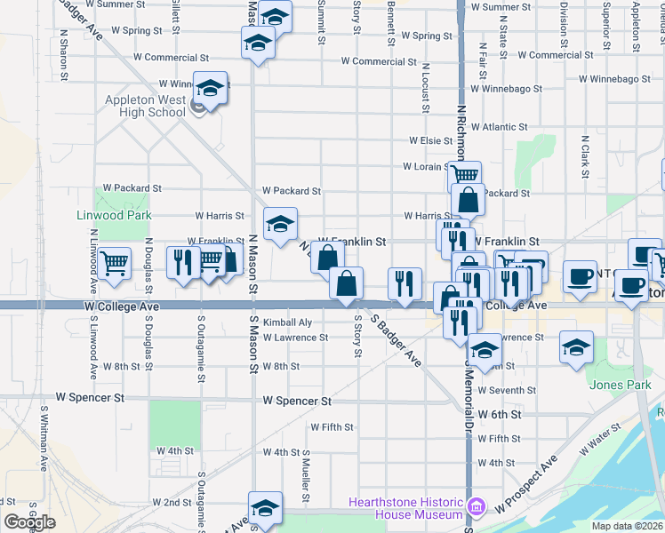 map of restaurants, bars, coffee shops, grocery stores, and more near 210 North Summit Street in Appleton