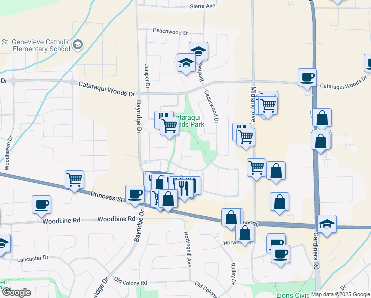 map of restaurants, bars, coffee shops, grocery stores, and more near 992 Pinewood Place in Kingston