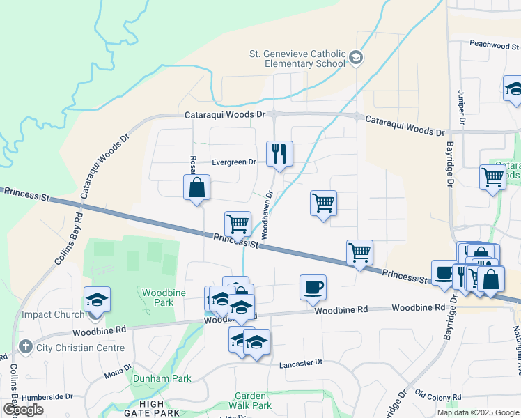 map of restaurants, bars, coffee shops, grocery stores, and more near 1013 Woodhaven Drive in Kingston