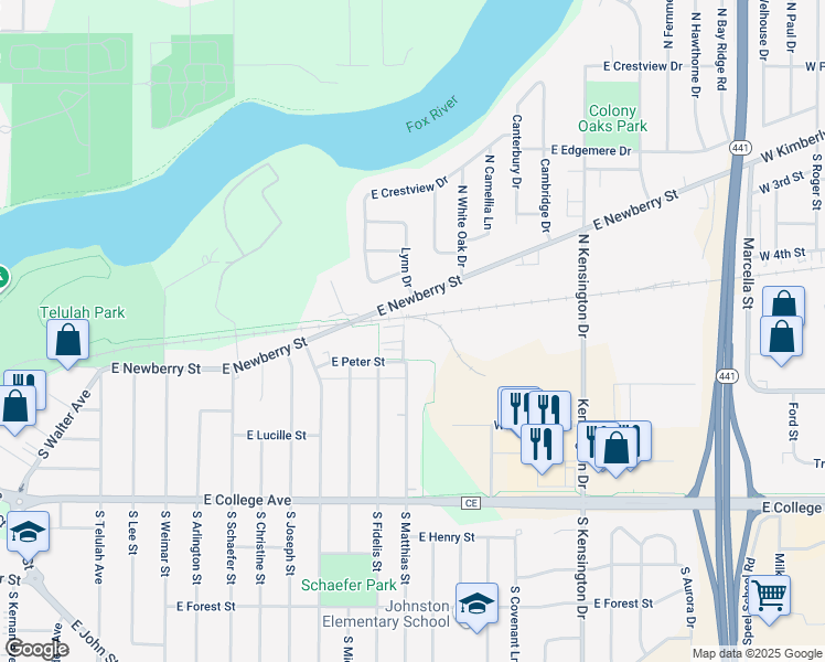 map of restaurants, bars, coffee shops, grocery stores, and more near 18 Matthias Court in Appleton