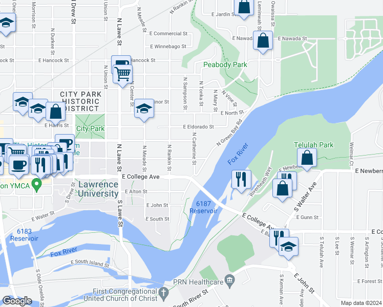 map of restaurants, bars, coffee shops, grocery stores, and more near 224 North Catherine Street in Appleton