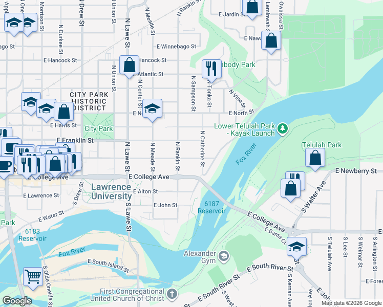 map of restaurants, bars, coffee shops, grocery stores, and more near 925 East Franklin Street in Appleton