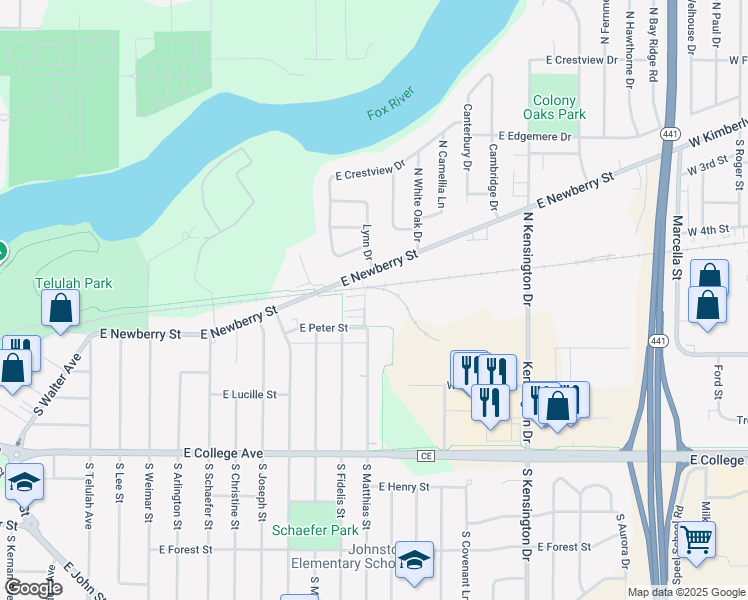 map of restaurants, bars, coffee shops, grocery stores, and more near 18 Matthias Court in Appleton
