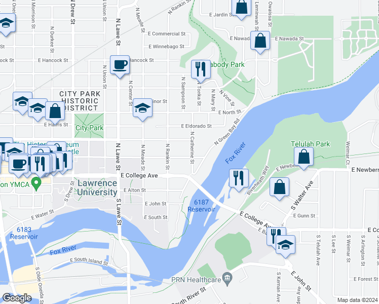 map of restaurants, bars, coffee shops, grocery stores, and more near 207 North Catherine Street in Appleton
