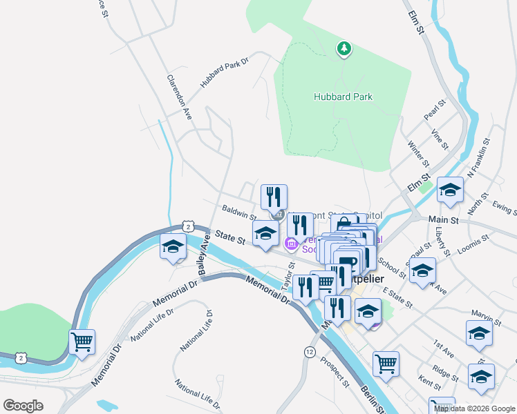 map of restaurants, bars, coffee shops, grocery stores, and more near 1 Richardson Street in Montpelier