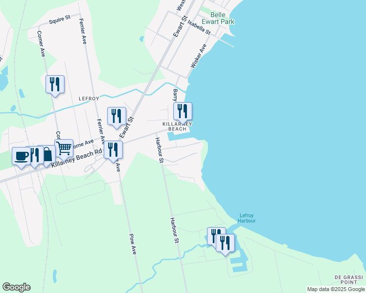 map of restaurants, bars, coffee shops, grocery stores, and more near Stoney Point Road in Innisfil