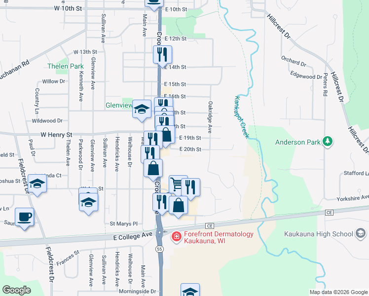 map of restaurants, bars, coffee shops, grocery stores, and more near 314 East 20th Street in Kaukauna