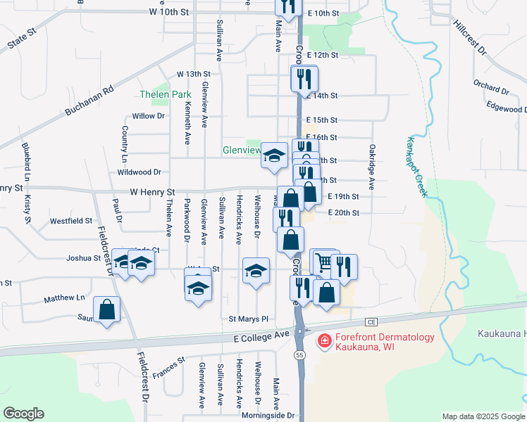 map of restaurants, bars, coffee shops, grocery stores, and more near 1901 Welhouse Drive in Kaukauna