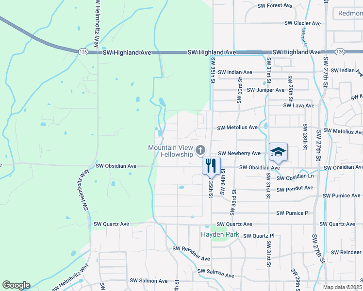 map of restaurants, bars, coffee shops, grocery stores, and more near 3885 Southwest Obsidian Avenue in Redmond