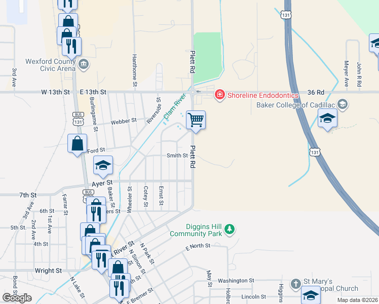 map of restaurants, bars, coffee shops, grocery stores, and more near 1100-1126 Plett Rd in Cadillac
