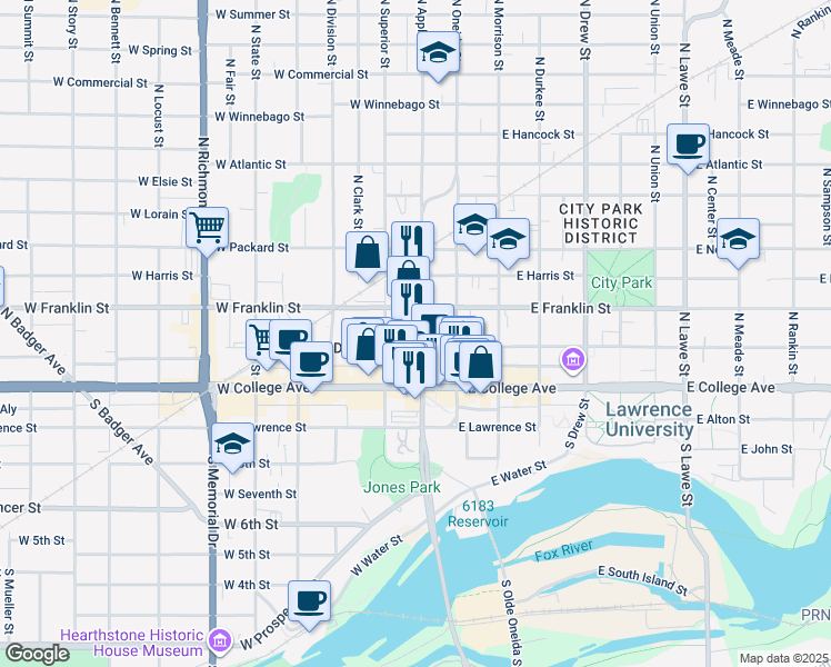 map of restaurants, bars, coffee shops, grocery stores, and more near in Appleton