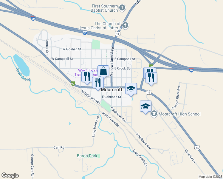 map of restaurants, bars, coffee shops, grocery stores, and more near in Moorcroft