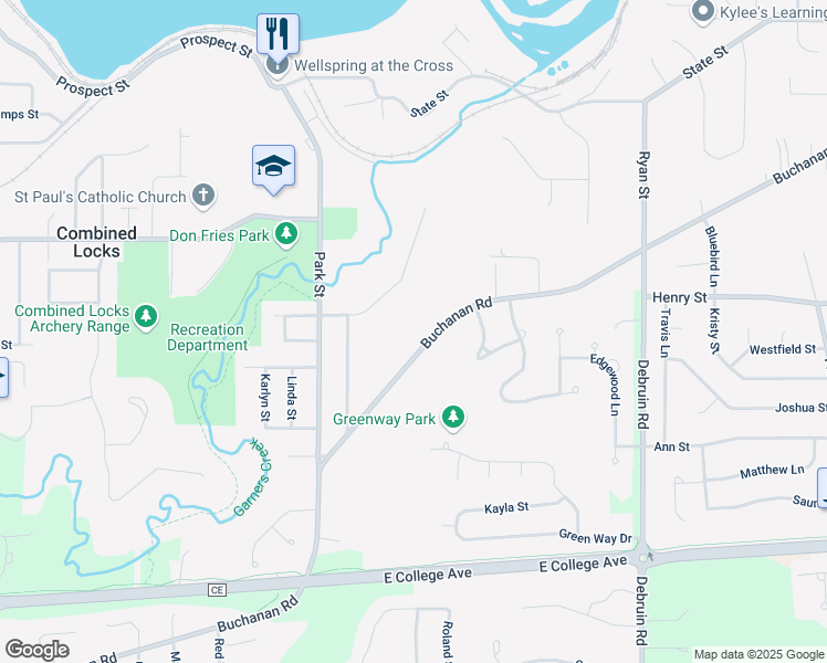 map of restaurants, bars, coffee shops, grocery stores, and more near 562 Buchanan Road in Combined Locks
