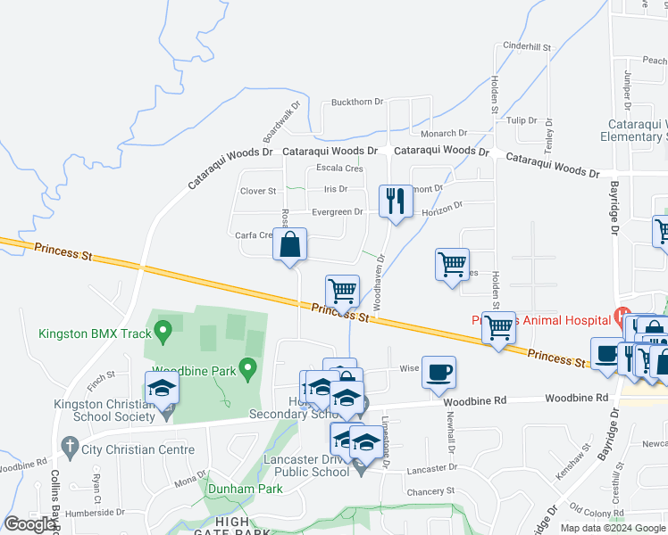 map of restaurants, bars, coffee shops, grocery stores, and more near 1564 Crimson Crescent in Kingston