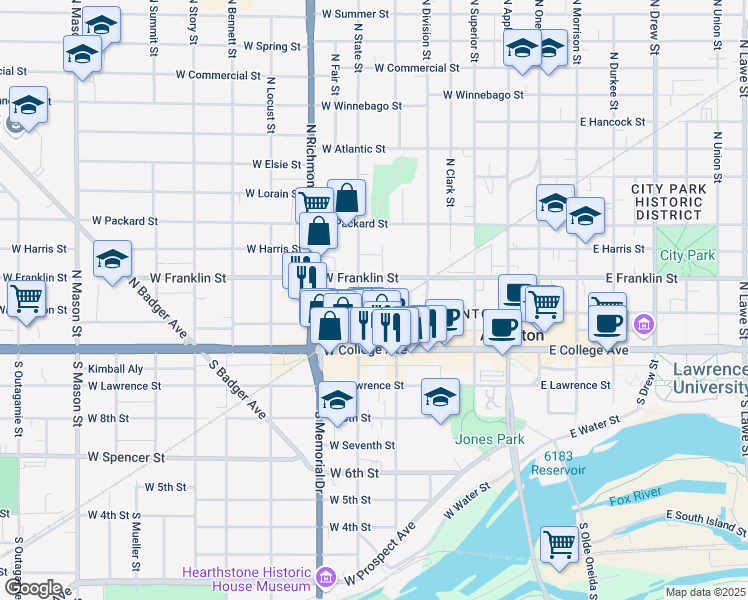 map of restaurants, bars, coffee shops, grocery stores, and more near 509 West Franklin Street in Appleton