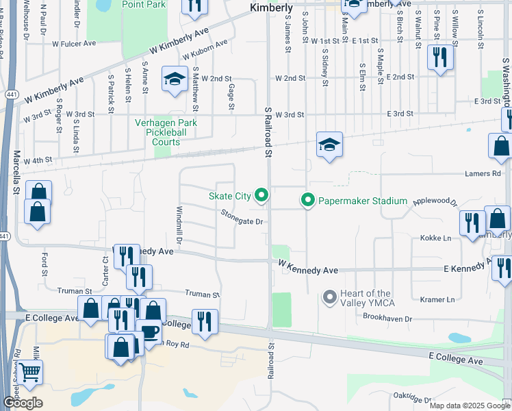 map of restaurants, bars, coffee shops, grocery stores, and more near 708 South Railroad Street in Kimberly