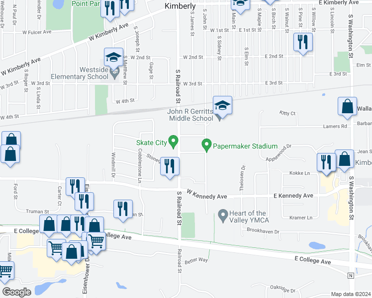 map of restaurants, bars, coffee shops, grocery stores, and more near 436 Taylor Street in Kimberly