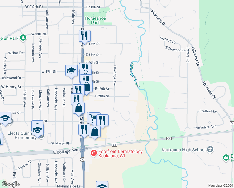 map of restaurants, bars, coffee shops, grocery stores, and more near 502 E 20th St in Kaukauna