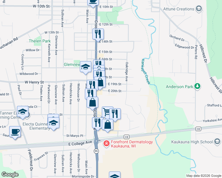 map of restaurants, bars, coffee shops, grocery stores, and more near 312 East 20th Street in Kaukauna