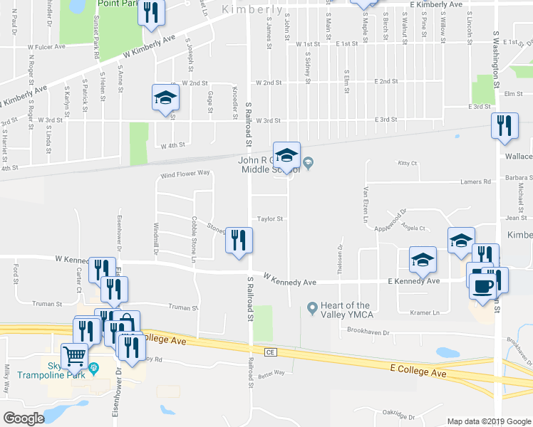 map of restaurants, bars, coffee shops, grocery stores, and more near 428 Taylor St in Kimberly