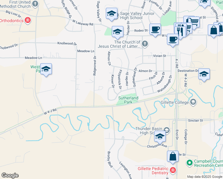 map of restaurants, bars, coffee shops, grocery stores, and more near 3400 Kinner Drive in Gillette