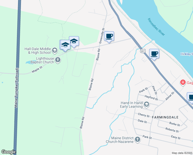 map of restaurants, bars, coffee shops, grocery stores, and more near 52 Blaine Road in Hallowell