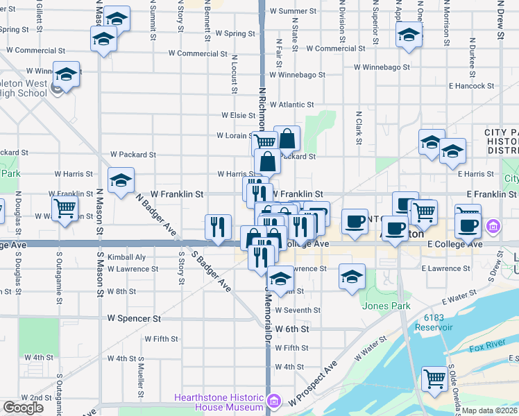 map of restaurants, bars, coffee shops, grocery stores, and more near 209 North Richmond Street in Appleton