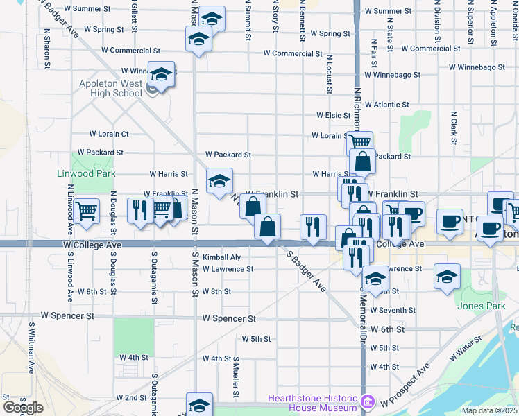 map of restaurants, bars, coffee shops, grocery stores, and more near 210 North Summit Street in Appleton