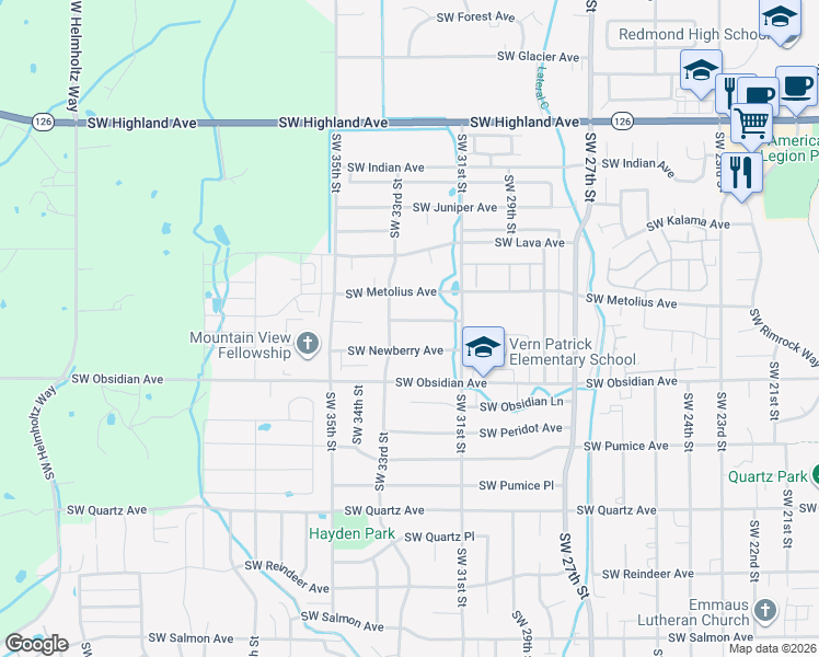 map of restaurants, bars, coffee shops, grocery stores, and more near 3222 Southwest Metolius Place in Redmond