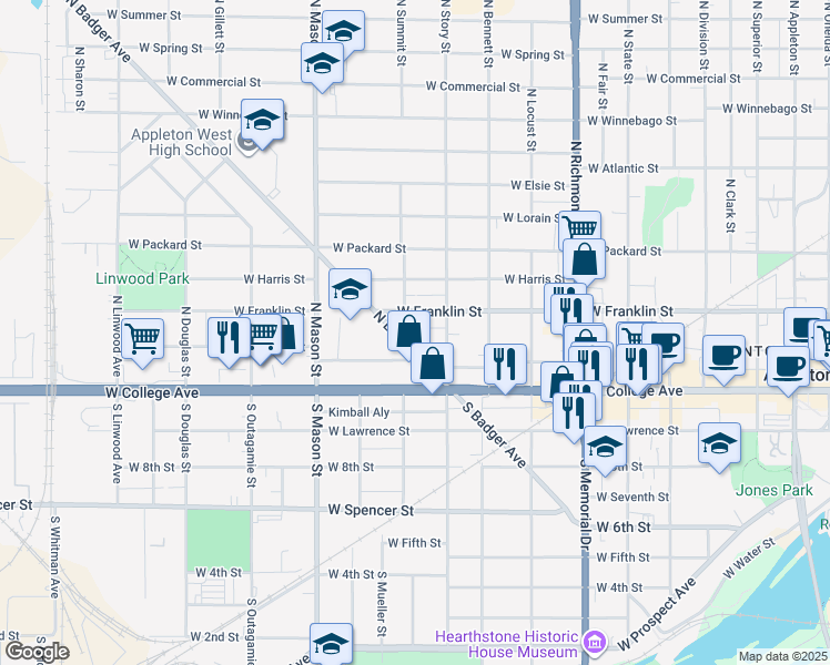 map of restaurants, bars, coffee shops, grocery stores, and more near 210 North Summit Street in Appleton