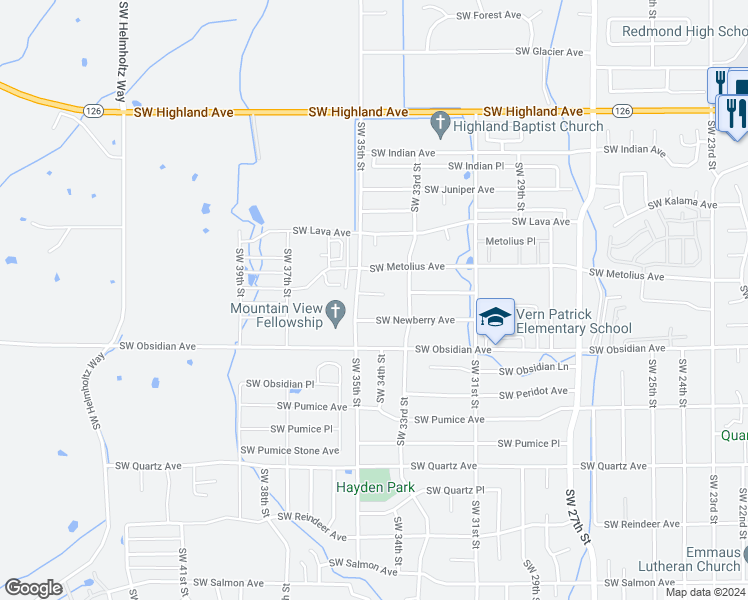 map of restaurants, bars, coffee shops, grocery stores, and more near 3462 Southwest Metolius Meadow Court in Redmond