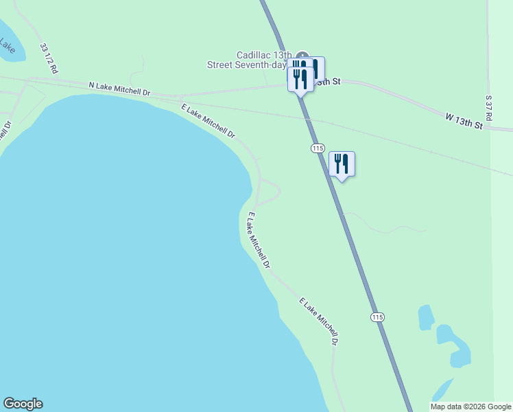 map of restaurants, bars, coffee shops, grocery stores, and more near 2034 Hiawatha Drive in Cadillac