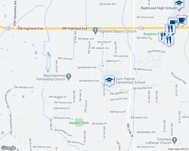 map of restaurants, bars, coffee shops, grocery stores, and more near 3222 Southwest Metolius Place in Redmond