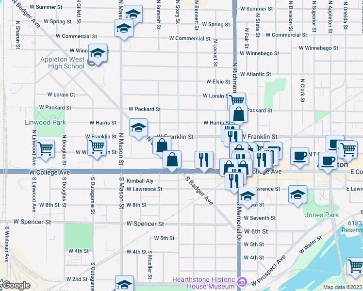 map of restaurants, bars, coffee shops, grocery stores, and more near 212 North Story Street in Appleton