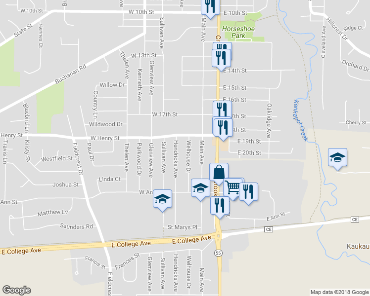 map of restaurants, bars, coffee shops, grocery stores, and more near 1901 Welhouse Drive in Kaukauna