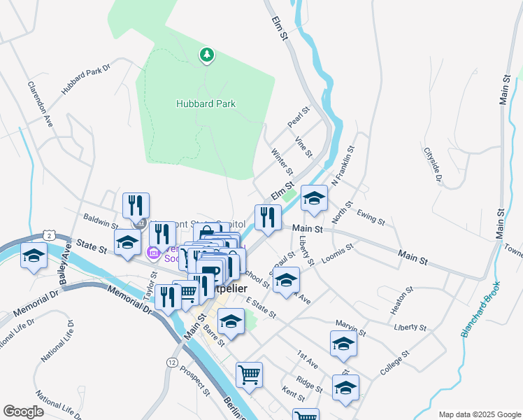 map of restaurants, bars, coffee shops, grocery stores, and more near 155 Elm Street in Montpelier