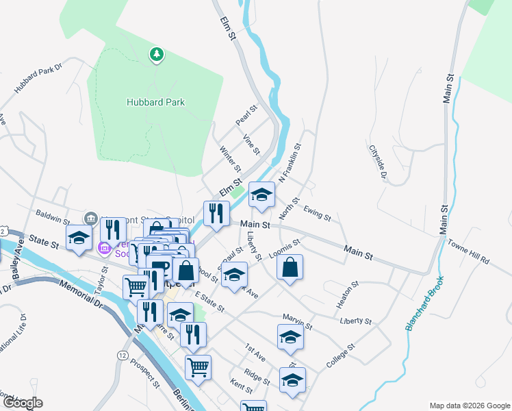 map of restaurants, bars, coffee shops, grocery stores, and more near 9 Franklin Street in Montpelier