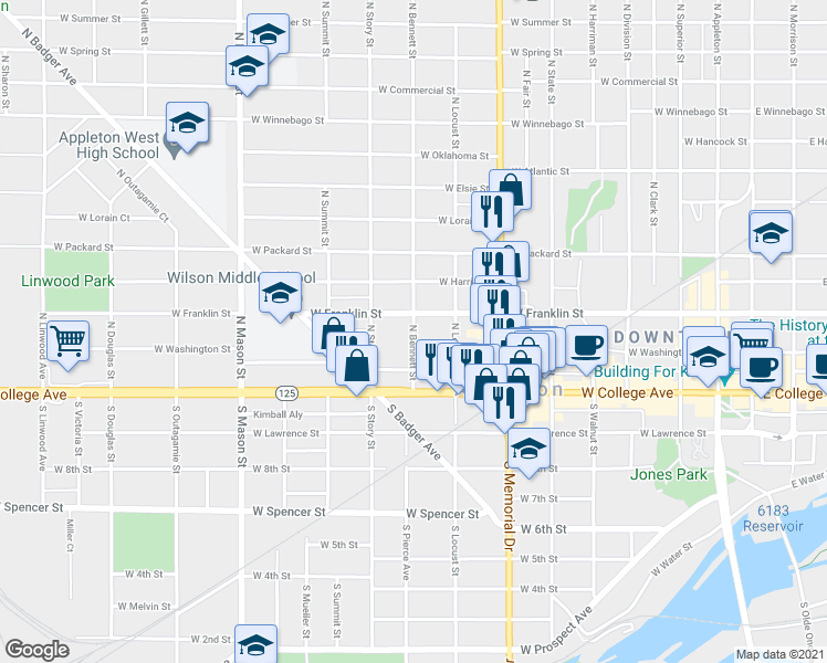 map of restaurants, bars, coffee shops, grocery stores, and more near 212 N Bennett St in Appleton