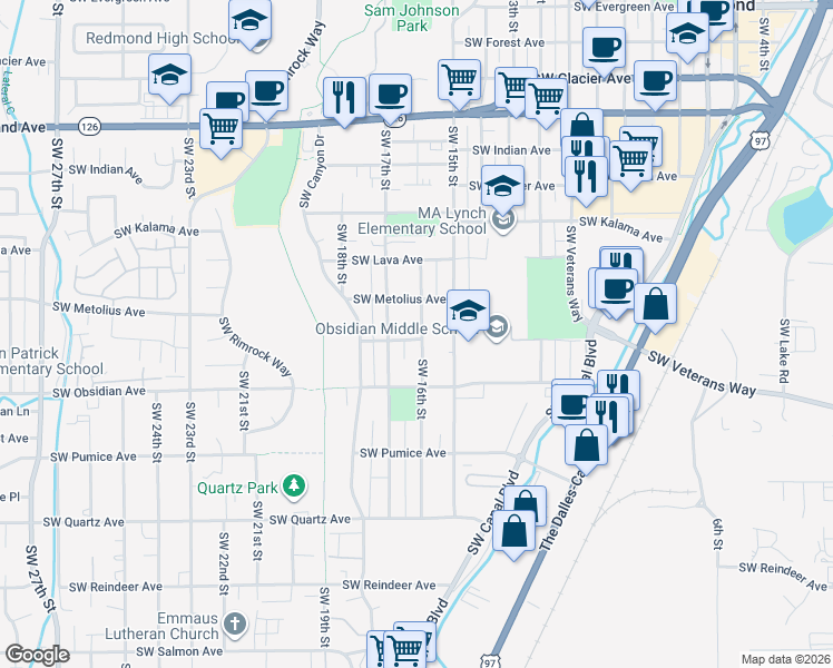 map of restaurants, bars, coffee shops, grocery stores, and more near 1367 Southwest 16th Street in Redmond