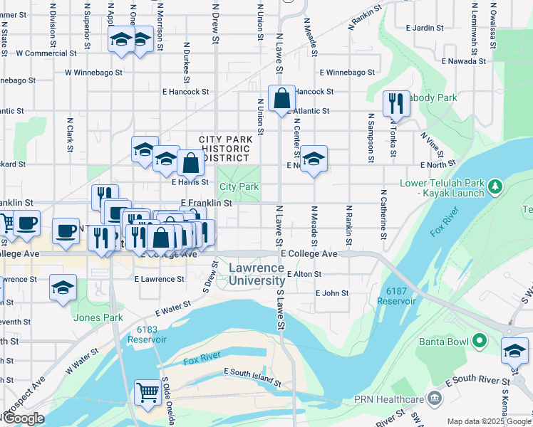 map of restaurants, bars, coffee shops, grocery stores, and more near 218 North Union Street in Appleton