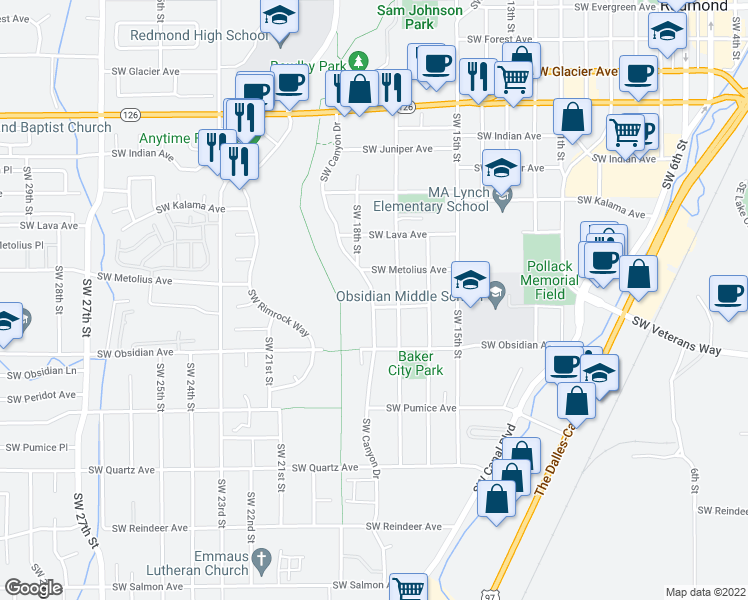 map of restaurants, bars, coffee shops, grocery stores, and more near 1799 Southwest Newberry Avenue in Redmond