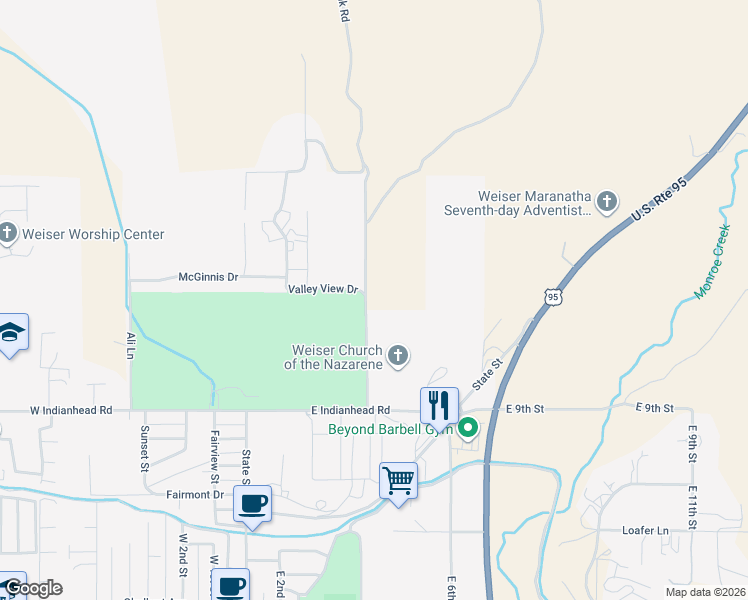 map of restaurants, bars, coffee shops, grocery stores, and more near 2140 Valley View Drive in Weiser